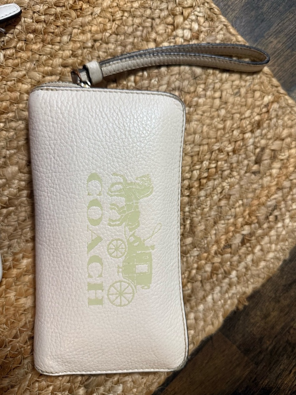 Coach Cream Pebbled Leather Logo Zip Wristlet